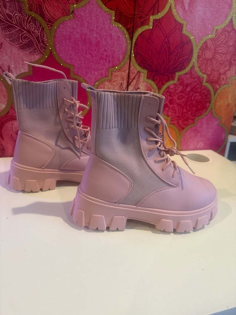 Pink Lace-Up Lug Sole Combat Boots